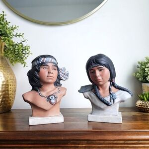 Rare, Native American Ceramic Pottery Mold Bust Girl Boy Hand Painted Sculptures